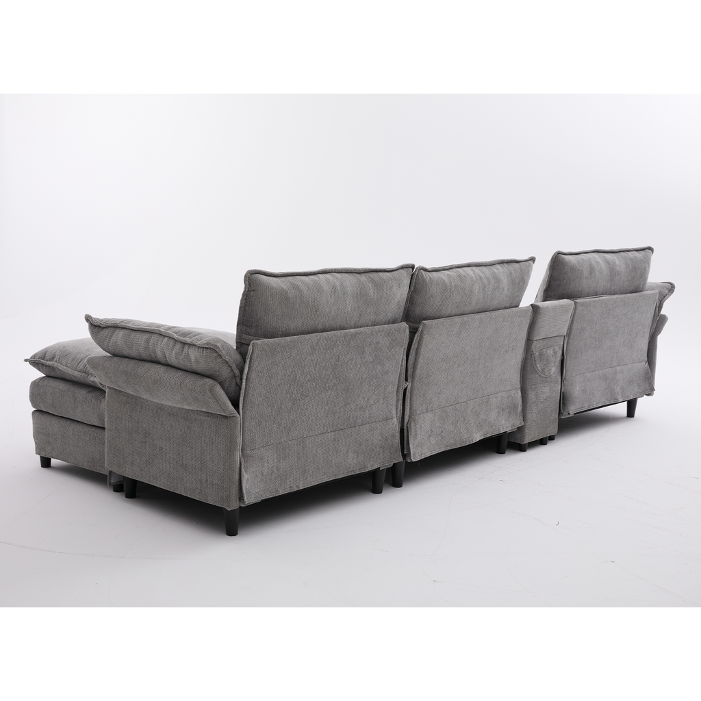 [NEW ARRIVED] [VIDEO PROVIDED]U Shaped Modular Sectional Sofa,Storage Console & Wireless Charging,2 Cup Holders,Bluetooth Speakers,2 Movable Footstools,Adjustable handrail,Movable seat,Chenille,Gray Sectional Sofa