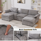 [NEW ARRIVED] [VIDEO PROVIDED]U Shaped Modular Sectional Sofa,Storage Console & Wireless Charging,2 Cup Holders,Bluetooth Speakers,2 Movable Footstools,Adjustable handrail,Movable seat,Chenille,Gray Sectional Sofa