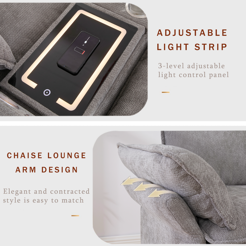 [NEW ARRIVED] [VIDEO PROVIDED]U Shaped Modular Sectional Sofa,Storage Console & Wireless Charging,2 Cup Holders,Bluetooth Speakers,2 Movable Footstools,Adjustable handrail,Movable seat,Chenille,Gray Sectional Sofa