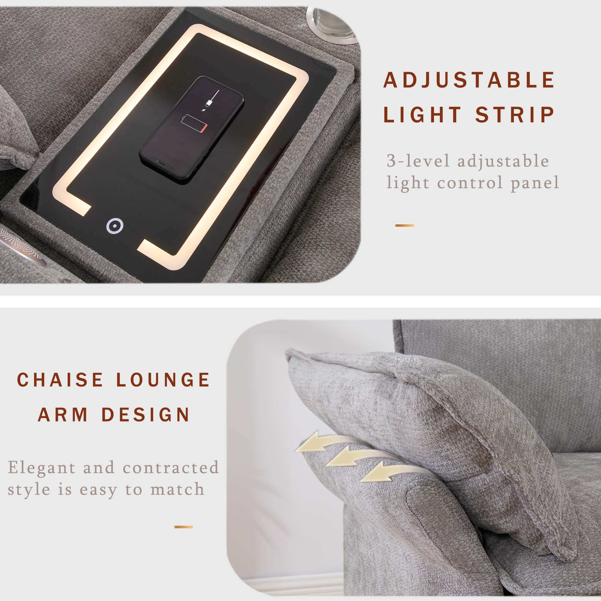 [NEW ARRIVED] [VIDEO PROVIDED]U Shaped Modular Sectional Sofa,Storage Console & Wireless Charging,2 Cup Holders,Bluetooth Speakers,2 Movable Footstools,Adjustable handrail,Movable seat,Chenille,Gray Sectional Sofa