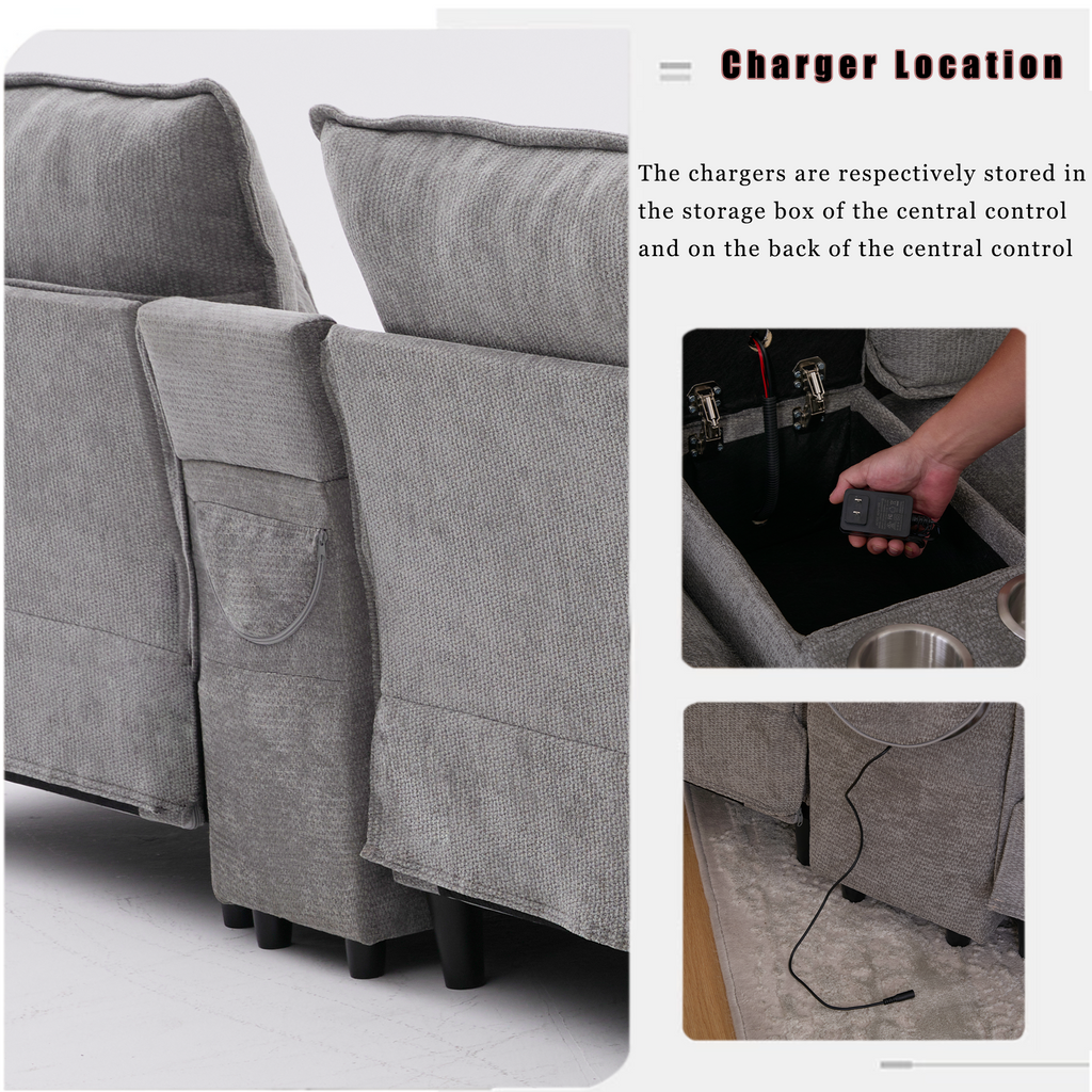 [NEW ARRIVED] [VIDEO PROVIDED]U Shaped Modular Sectional Sofa,Storage Console & Wireless Charging,2 Cup Holders,Bluetooth Speakers,2 Movable Footstools,Adjustable handrail,Movable seat,Chenille,Gray Sectional Sofa