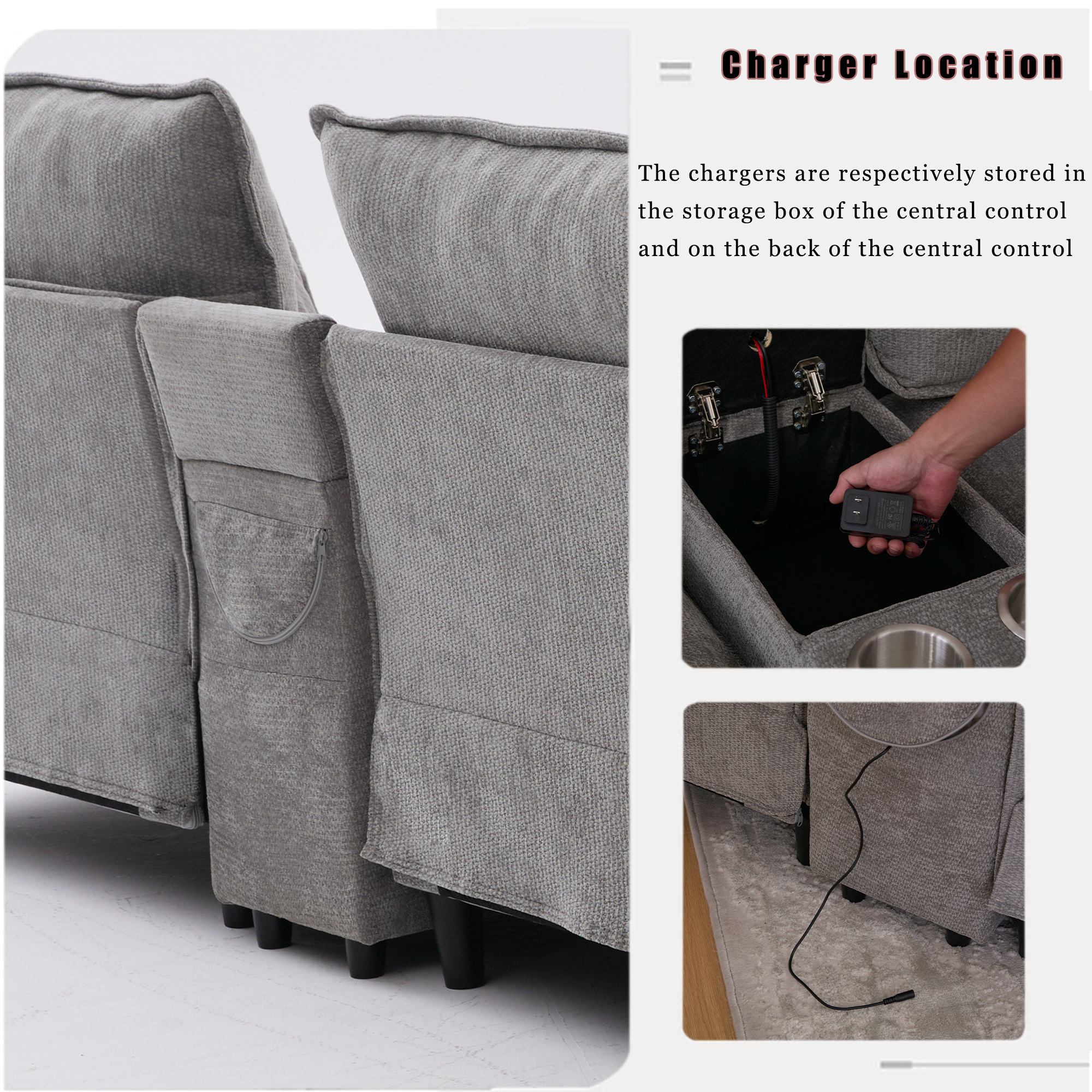 [NEW ARRIVED] [VIDEO PROVIDED]U Shaped Modular Sectional Sofa,Storage Console & Wireless Charging,2 Cup Holders,Bluetooth Speakers,2 Movable Footstools,Adjustable handrail,Movable seat,Chenille,Gray Sectional Sofa