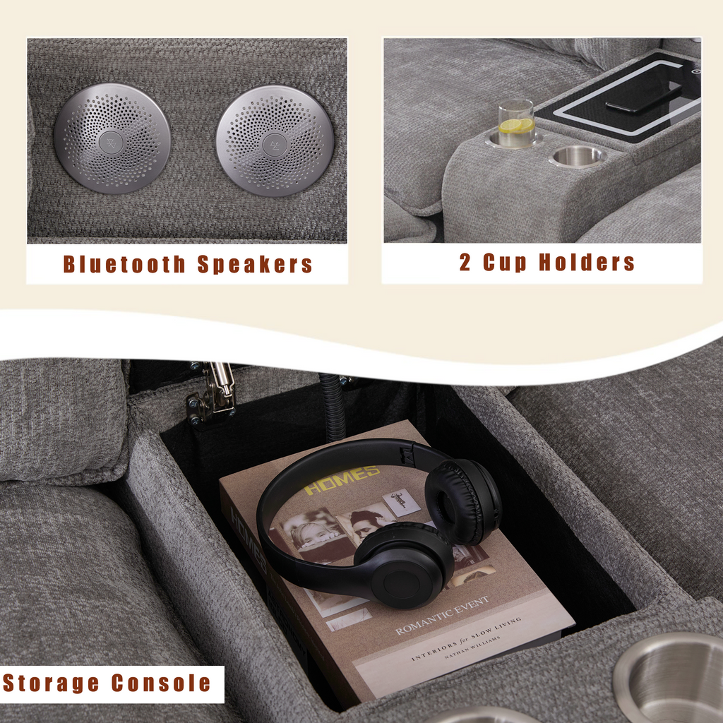 [NEW ARRIVED] [VIDEO PROVIDED]U Shaped Modular Sectional Sofa,Storage Console & Wireless Charging,2 Cup Holders,Bluetooth Speakers,2 Movable Footstools,Adjustable handrail,Movable seat,Chenille,Gray Sectional Sofa