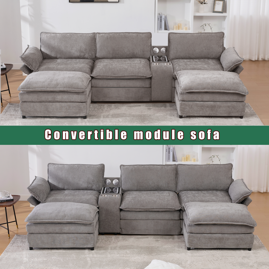[NEW ARRIVED] [VIDEO PROVIDED]U Shaped Modular Sectional Sofa,Storage Console & Wireless Charging,2 Cup Holders,Bluetooth Speakers,2 Movable Footstools,Adjustable handrail,Movable seat,Chenille,Gray Sectional Sofa
