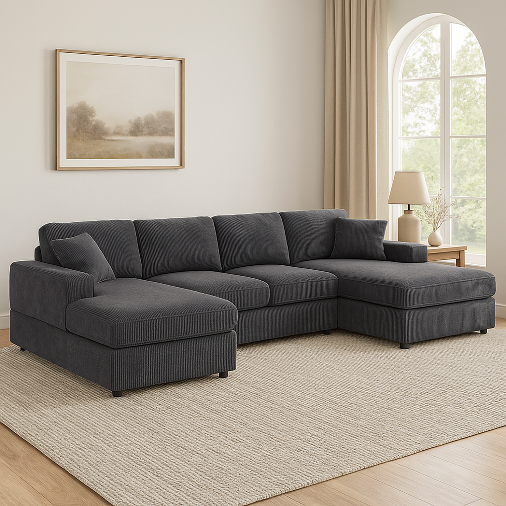 3-Piece Corduroy Double-Chaise Sectional Sofa - Gray