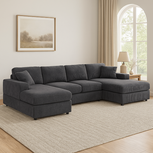 Gray Corduroy 3-Piece Double-Chaise Sectional Sofa.