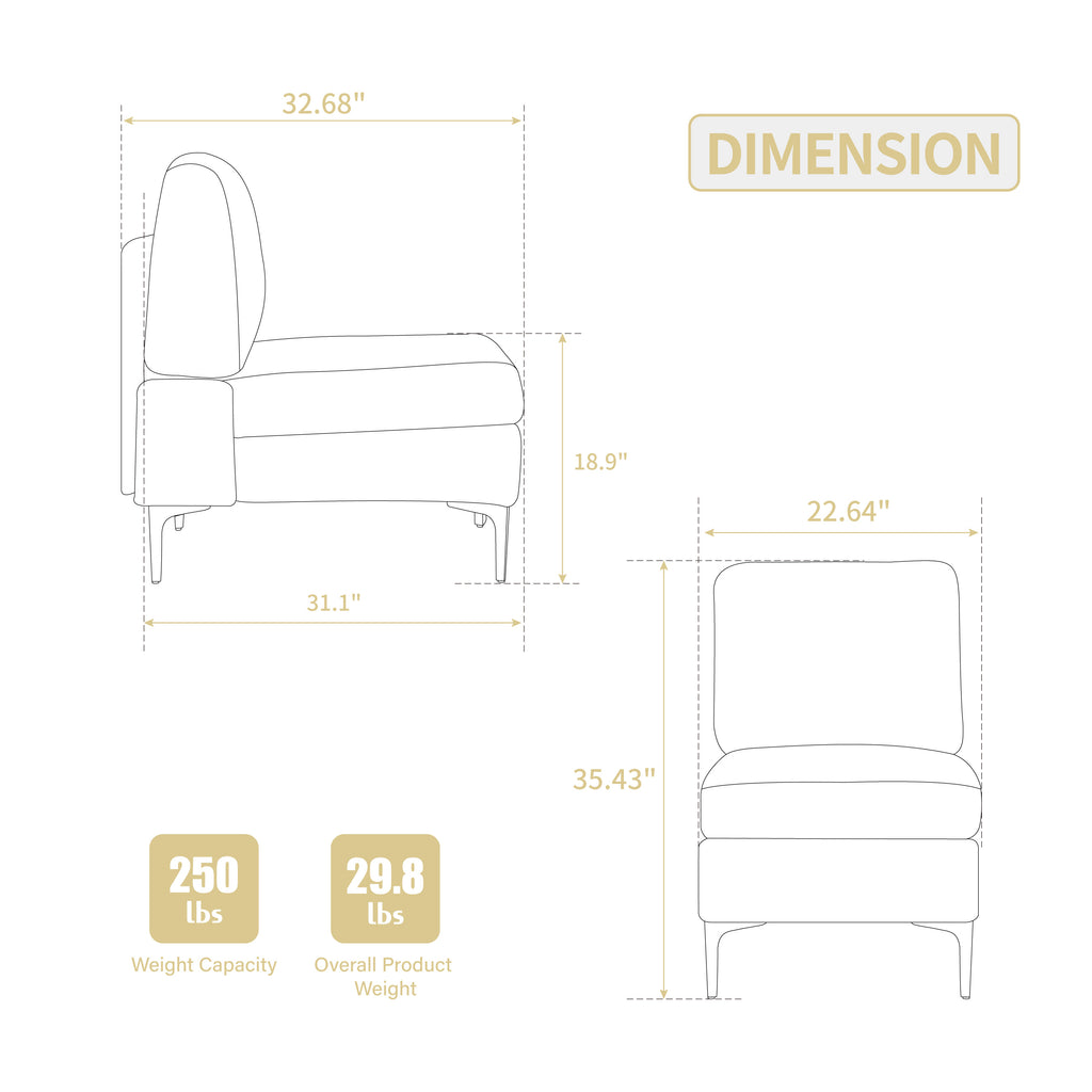 Modular Sectional Sofa Armless Seat Module, Corduroy Sectional Couch, Single Couch Modular Armless Accent Chair with Back Cushion, Gray