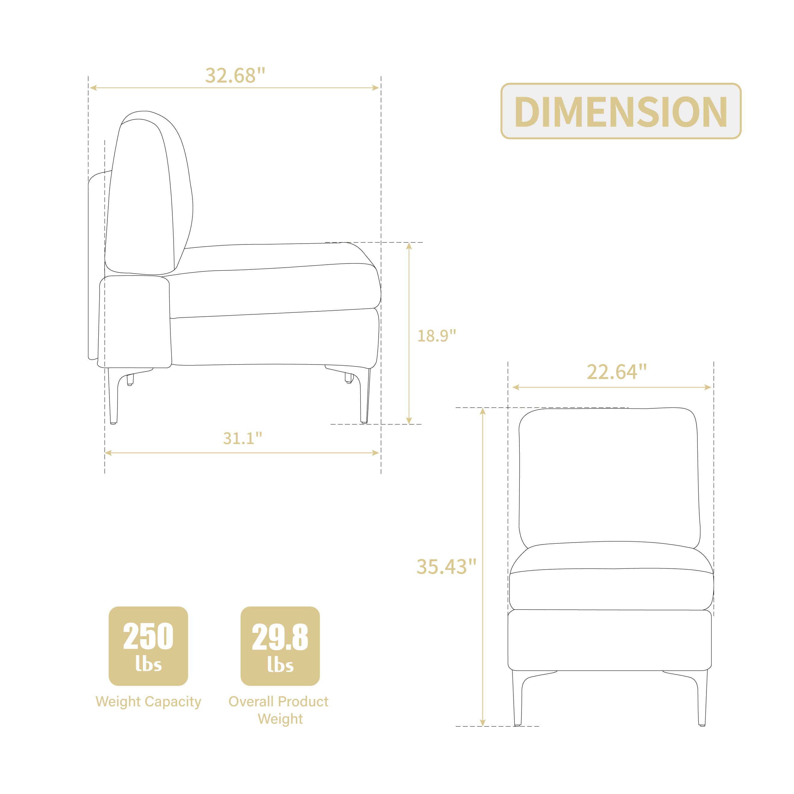 Modular Sectional Sofa Armless Seat Module, Corduroy Sectional Couch, Single Couch Modular Armless Accent Chair with Back Cushion, Gray