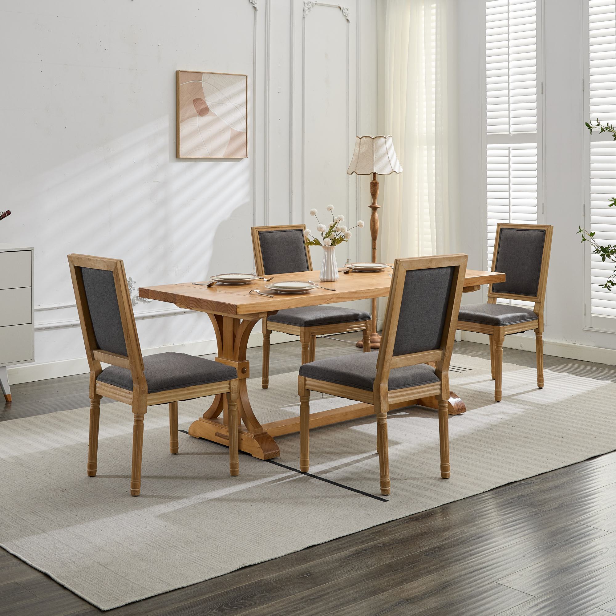 French Decor Chairs Set of 2, Louis Dining Chairs with Square Backrest and Exquisitely Carved Solid Wood Frame for Living Room, Kitchen, Restaurant,SW1879GY, Gray