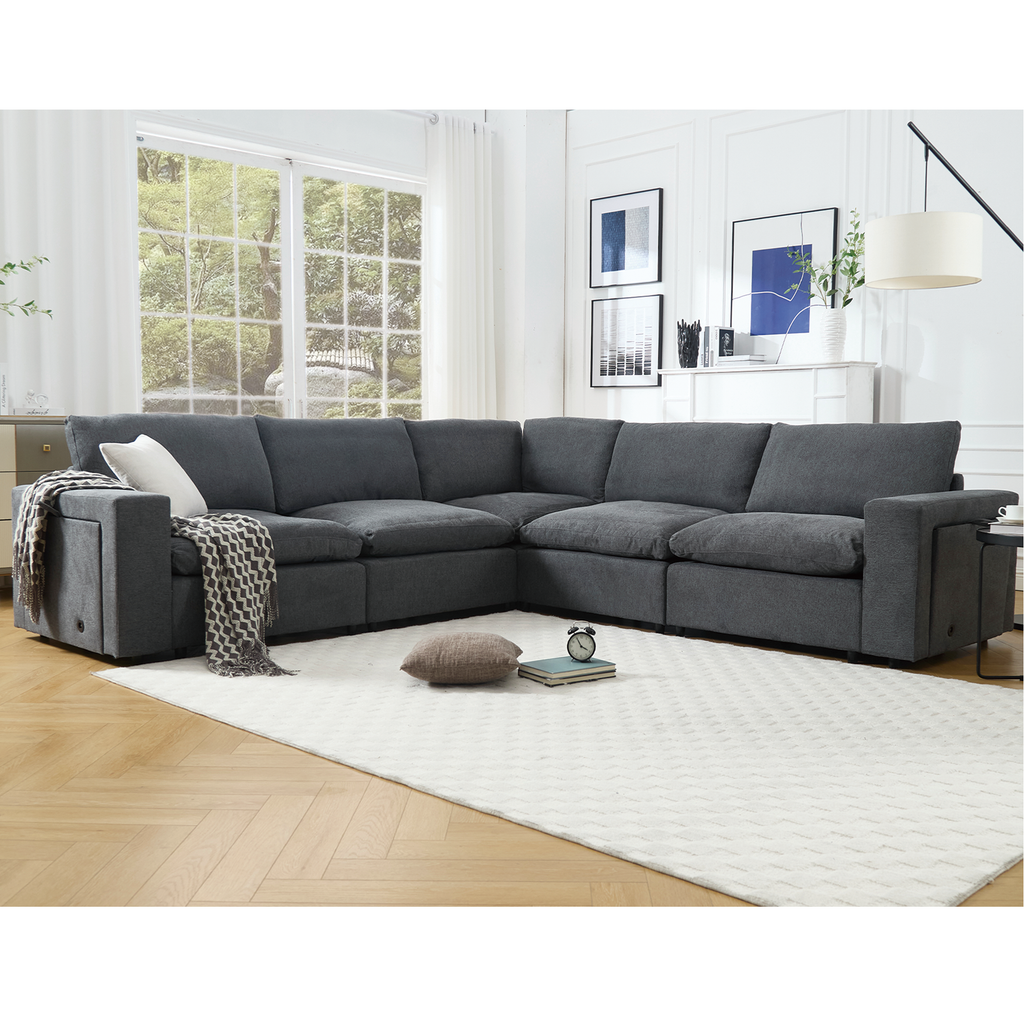 Gray Linen Modular Sectional Sofa with Storage Features.