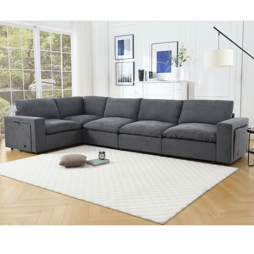 Gray Linen Modular Sectional Sofa with Storage Features.