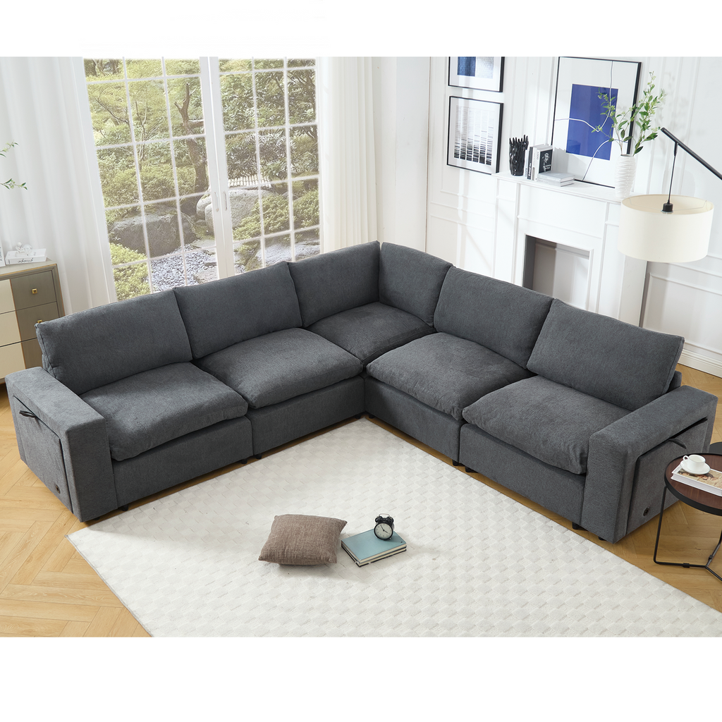 Gray Linen Modular Sectional Sofa with Storage Features.