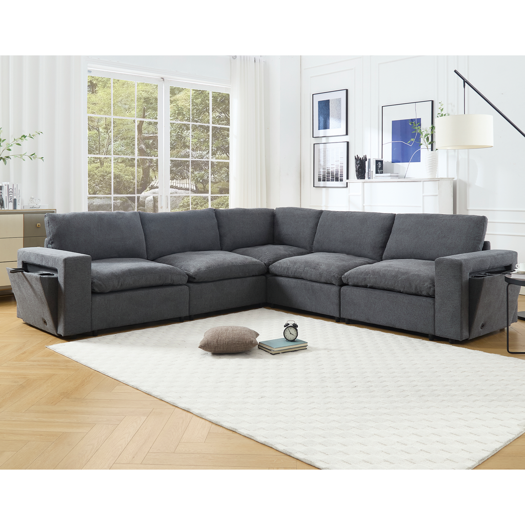 Gray Linen Modular Sectional Sofa with Storage Features.