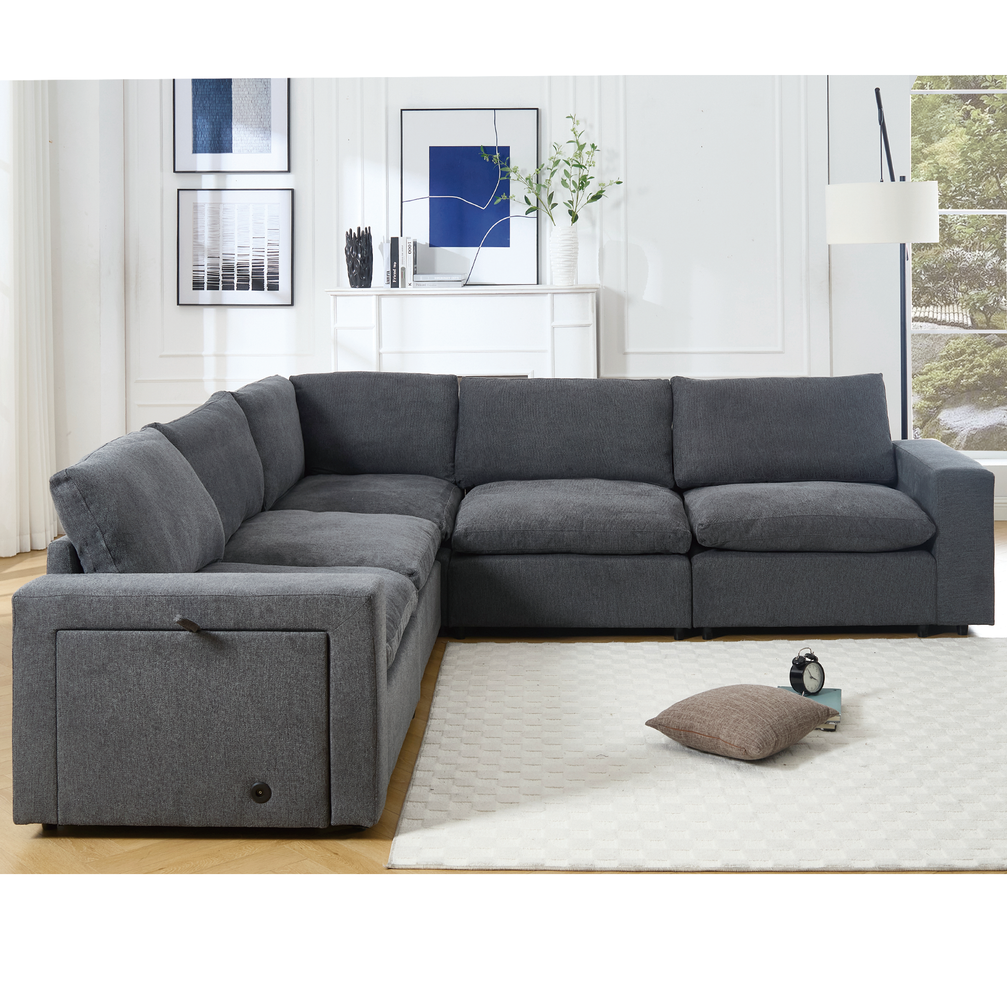Gray Linen Modular Sectional Sofa with Storage Features.