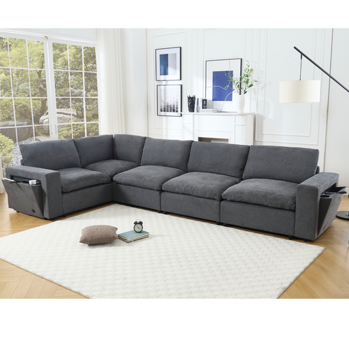 Gray Linen Modular Sectional Sofa with Storage Features.
