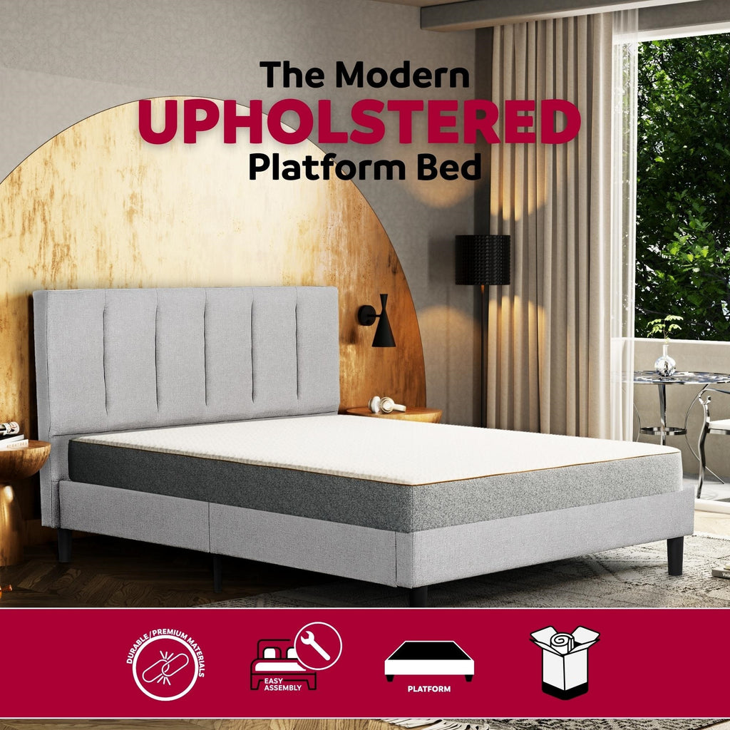 Upholstered Full Size Platform Bed Frame, Tufted Headboard, Gray