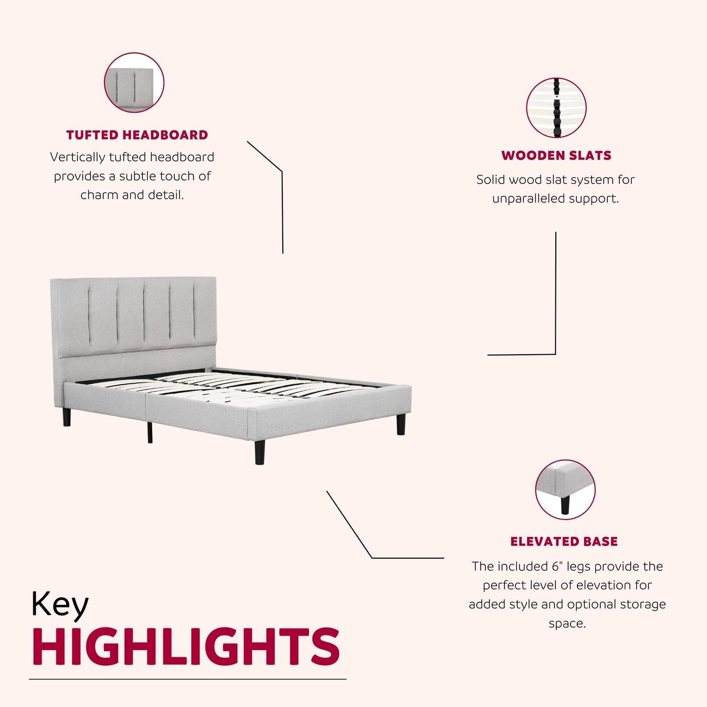 Upholstered Full Size Platform Bed Frame, Tufted Headboard, Gray