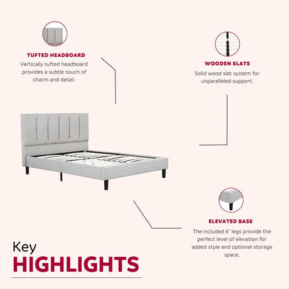 Upholstered Full Size Platform Bed Frame, Tufted Headboard, Gray