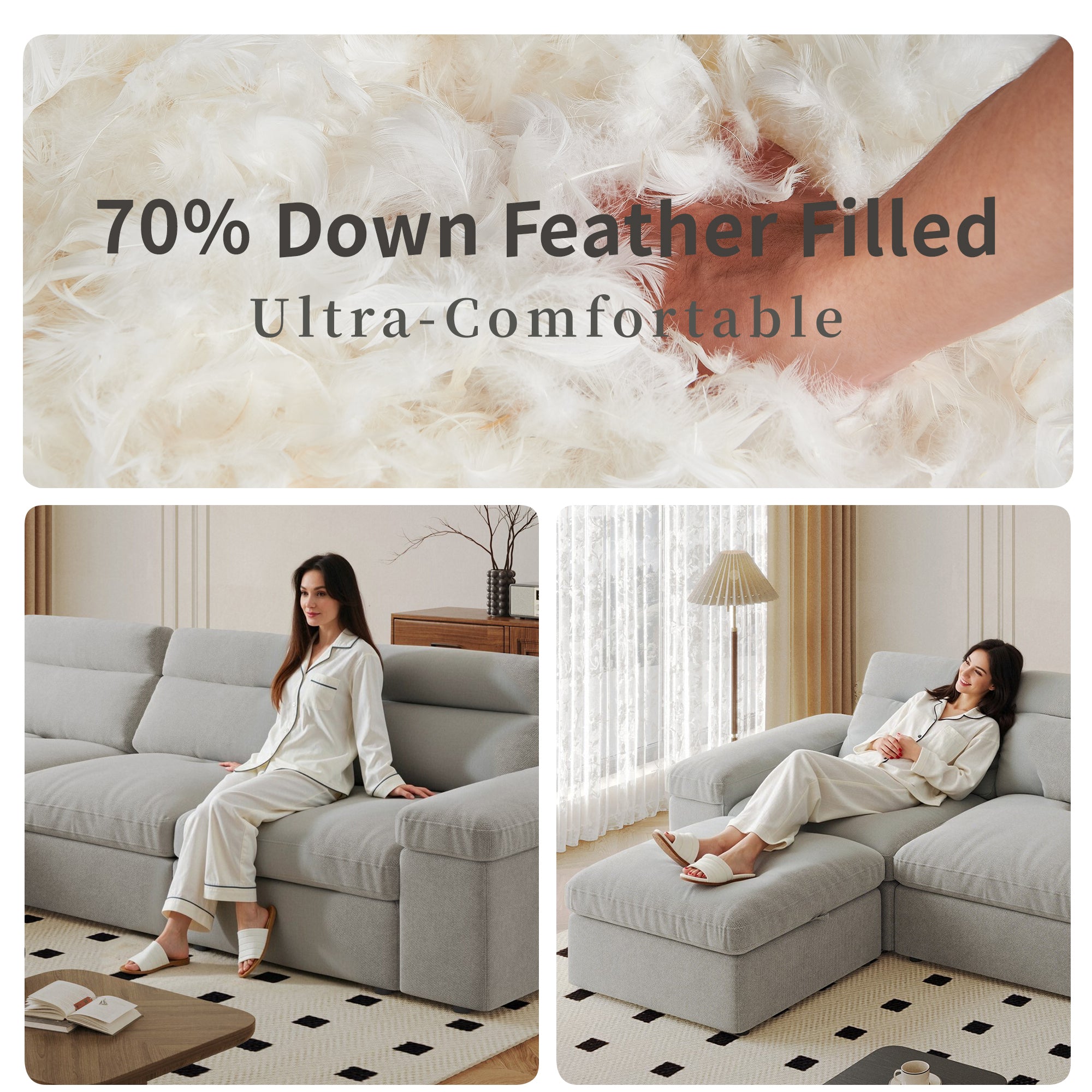 This simple modular sofa is made of cotton and linen, with a backrest that can be adjusted backward. It is soft and comfortable, has storage space, and is suitable for both living rooms and bedrooms.