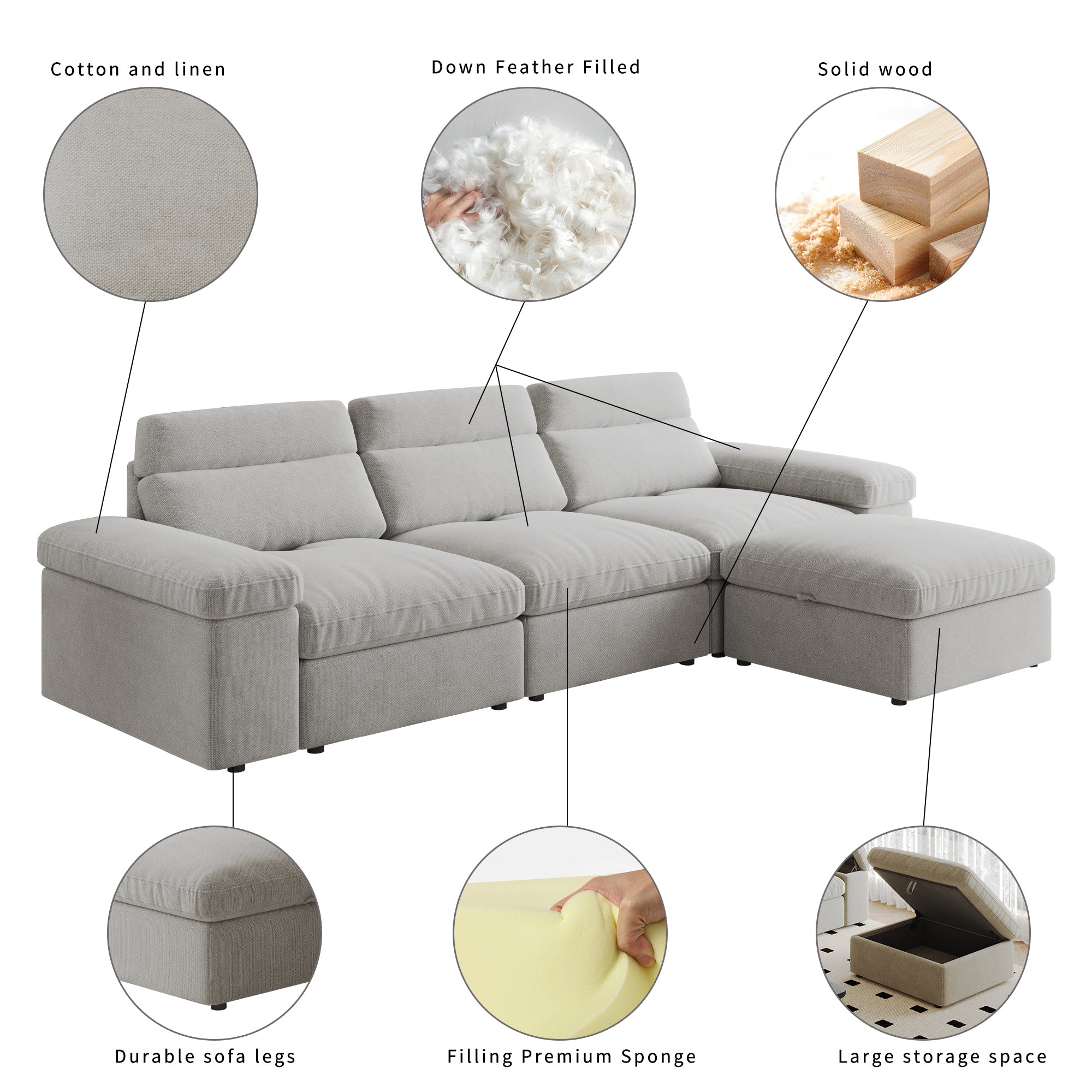 This simple modular sofa is made of cotton and linen, with a backrest that can be adjusted backward. It is soft and comfortable, has storage space, and is suitable for both living rooms and bedrooms.