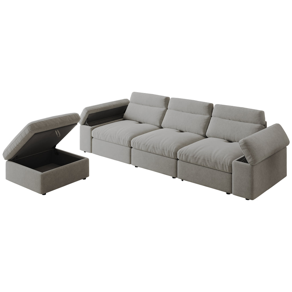 This simple modular sofa is made of cotton and linen, with a backrest that can be adjusted backward. It is soft and comfortable, has storage space, and is suitable for both living rooms and bedrooms.