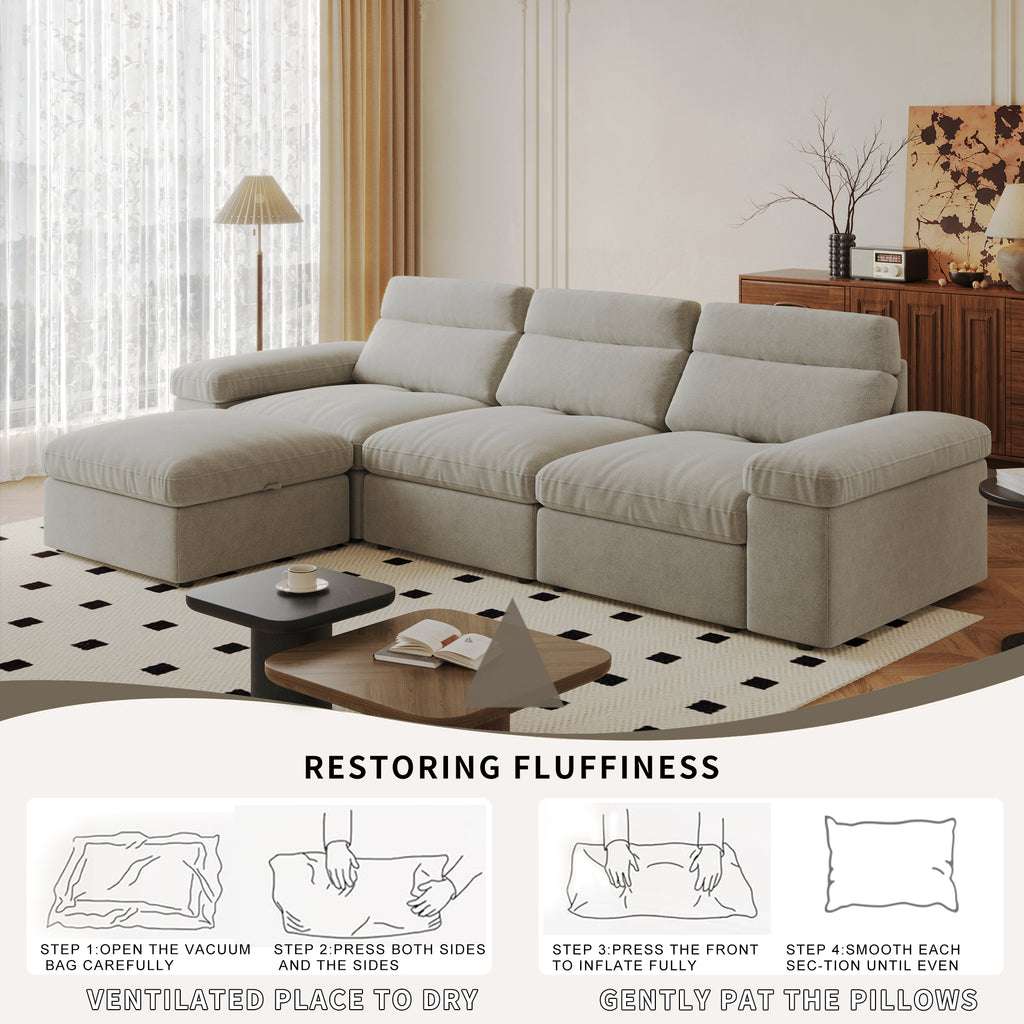 This simple modular sofa is made of cotton and linen, with a backrest that can be adjusted backward. It is soft and comfortable, has storage space, and is suitable for both living rooms and bedrooms.