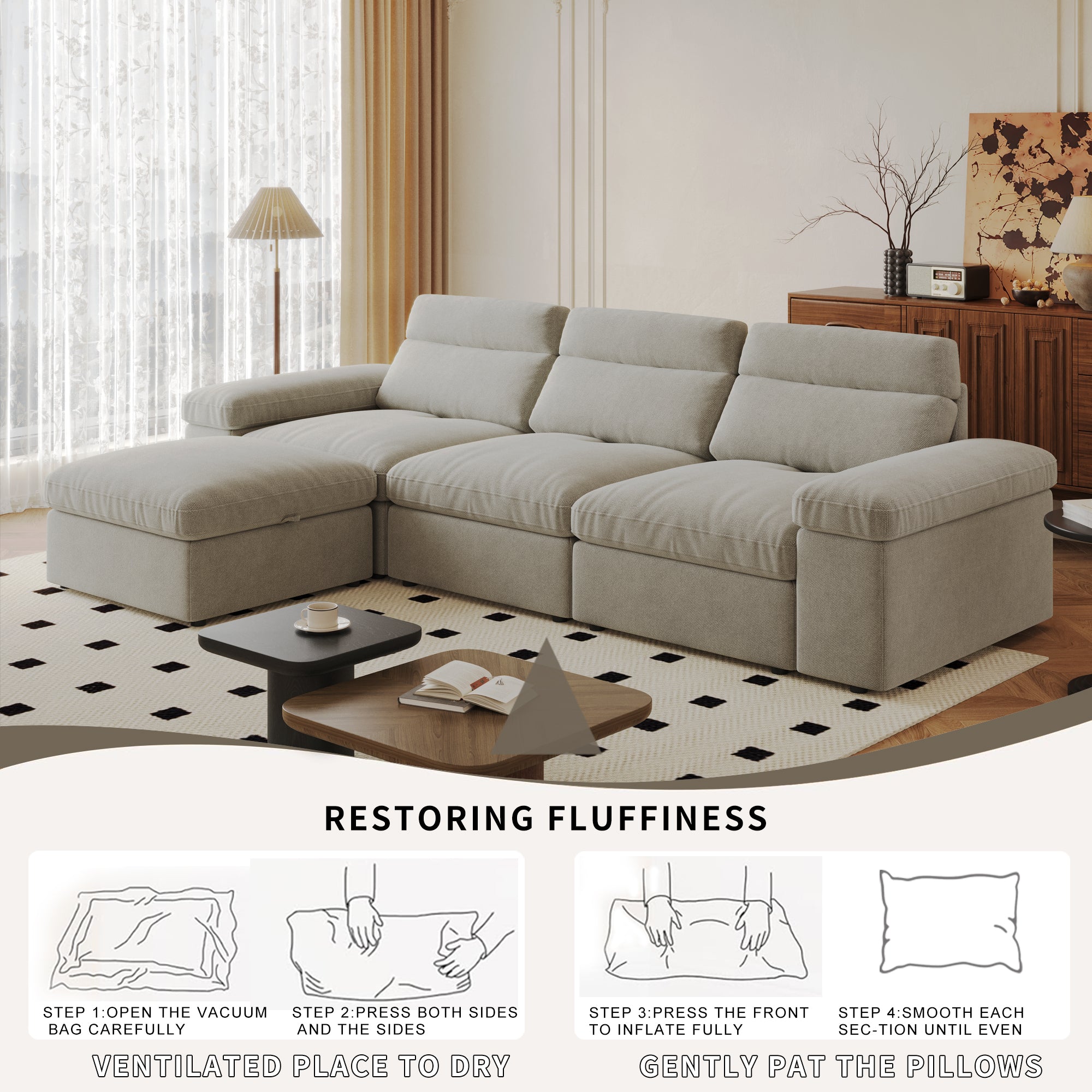 This simple modular sofa is made of cotton and linen, with a backrest that can be adjusted backward. It is soft and comfortable, has storage space, and is suitable for both living rooms and bedrooms.