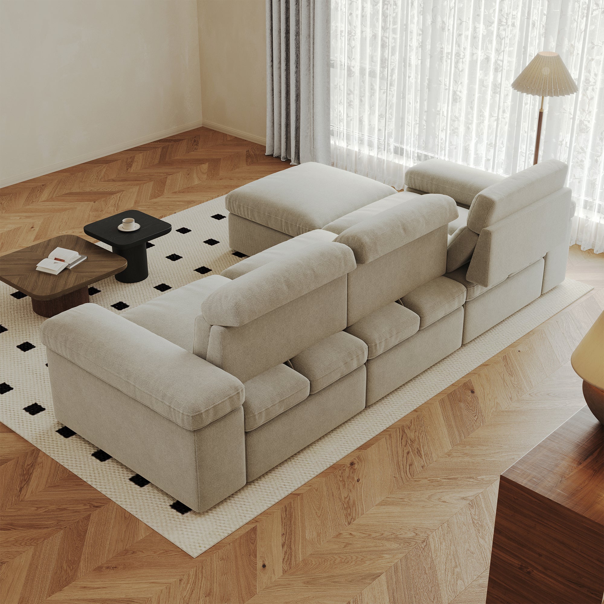 This simple modular sofa is made of cotton and linen, with a backrest that can be adjusted backward. It is soft and comfortable, has storage space, and is suitable for both living rooms and bedrooms.