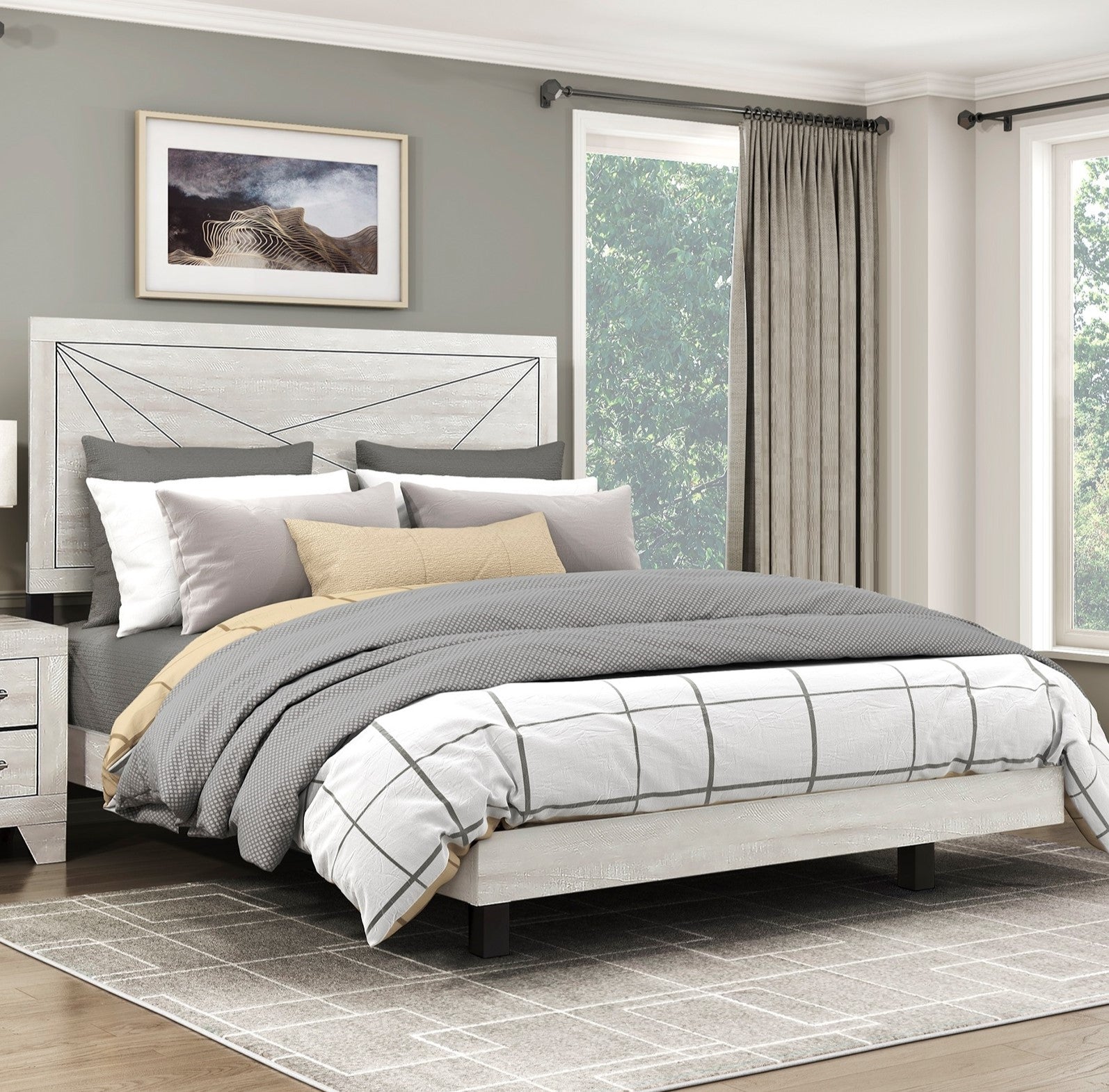 Contemporary Gray Oak Finish Queen Bed Durable Wooden Bedroom Furniture 1pc Line Pattern Headboard