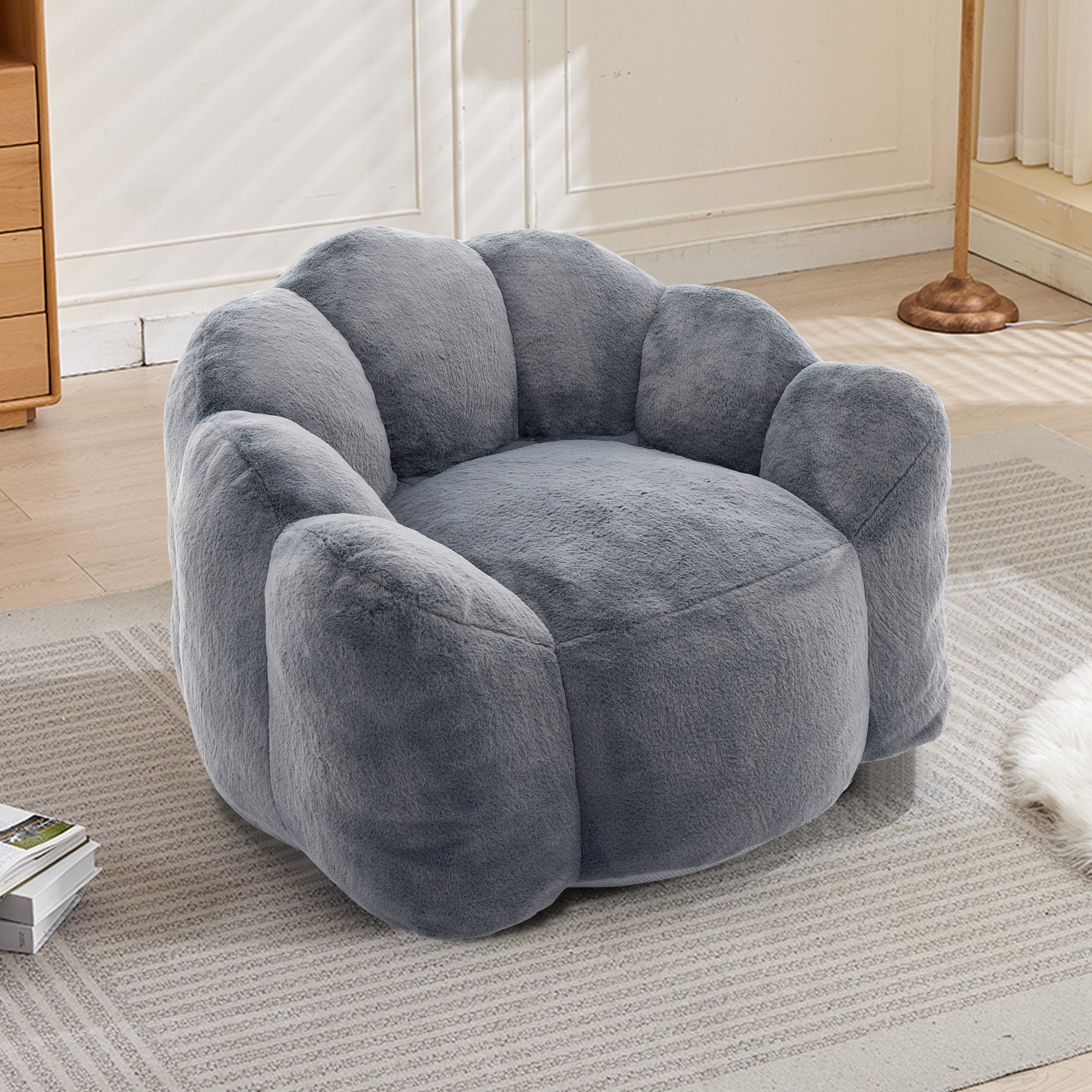 Lotus Style Compression Sofa with Pull Ring, Gray Plush Bean Bag for Living Room or Bedroom, Easy to Move, No Installation Required Bean Bag Chairs