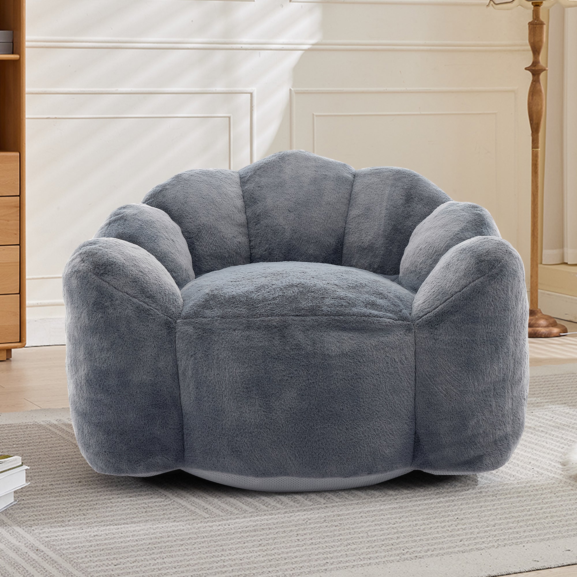 Lotus Style Compression Sofa with Pull Ring, Gray Plush Bean Bag for Living Room or Bedroom, Easy to Move, No Installation Required Bean Bag Chairs