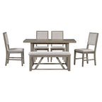 TREXM 6-Piece Retro Dining Set, 1 Rectangular Table with Designed Trestle Base and 4 Upholstered Chairs and 1 Bench for Dining Room and Kitchen (Gray)
