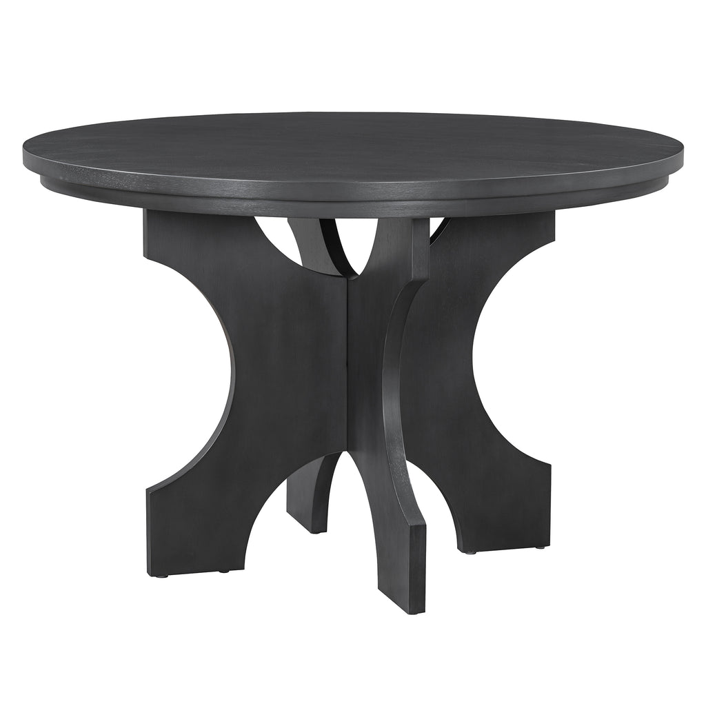 TREXM 5-piece Rustic Charm Round Dining Set with 3 Upholstered Chairs and Curved Bench for Dining Room, Kitchen and Living Room (Gray)