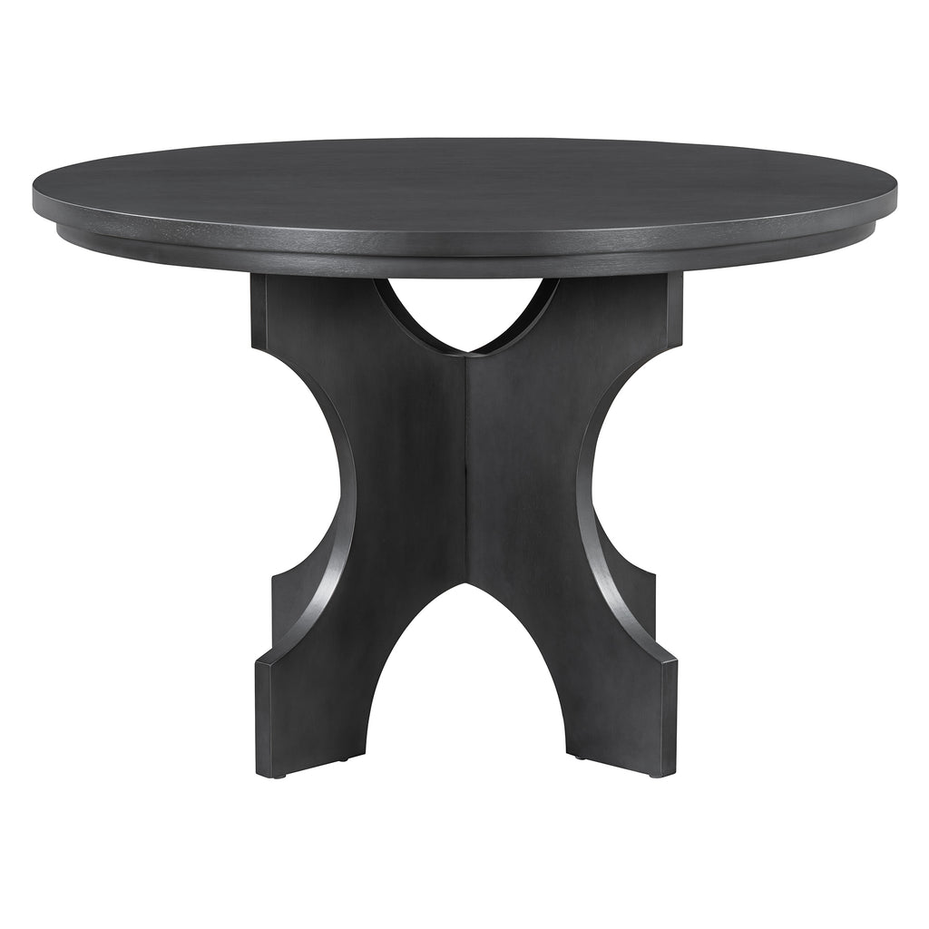 TREXM 5-piece Rustic Charm Round Dining Set with 3 Upholstered Chairs and Curved Bench for Dining Room, Kitchen and Living Room (Gray)