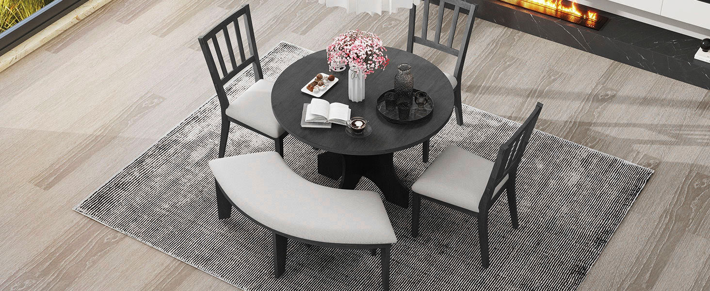 TREXM 5-piece Rustic Charm Round Dining Set with 3 Upholstered Chairs and Curved Bench for Dining Room, Kitchen and Living Room (Gray)