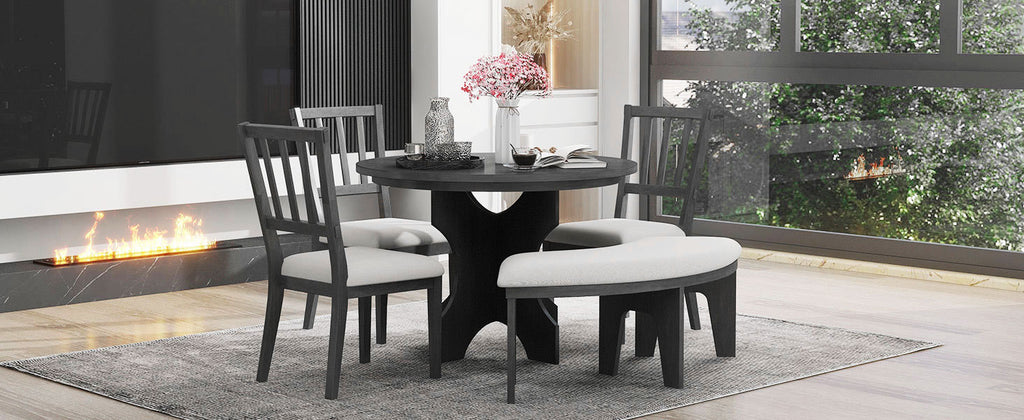 TREXM 5-piece Rustic Charm Round Dining Set with 3 Upholstered Chairs and Curved Bench for Dining Room, Kitchen and Living Room (Gray)