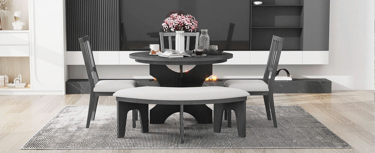 TREXM 5-piece Rustic Charm Round Dining Set with 3 Upholstered Chairs and Curved Bench for Dining Room, Kitchen and Living Room (Gray)