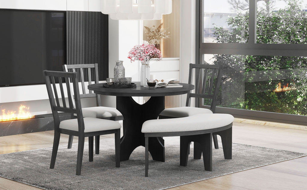 TREXM 5-piece Rustic Charm Round Dining Set with 3 Upholstered Chairs and Curved Bench for Dining Room, Kitchen and Living Room (Gray)
