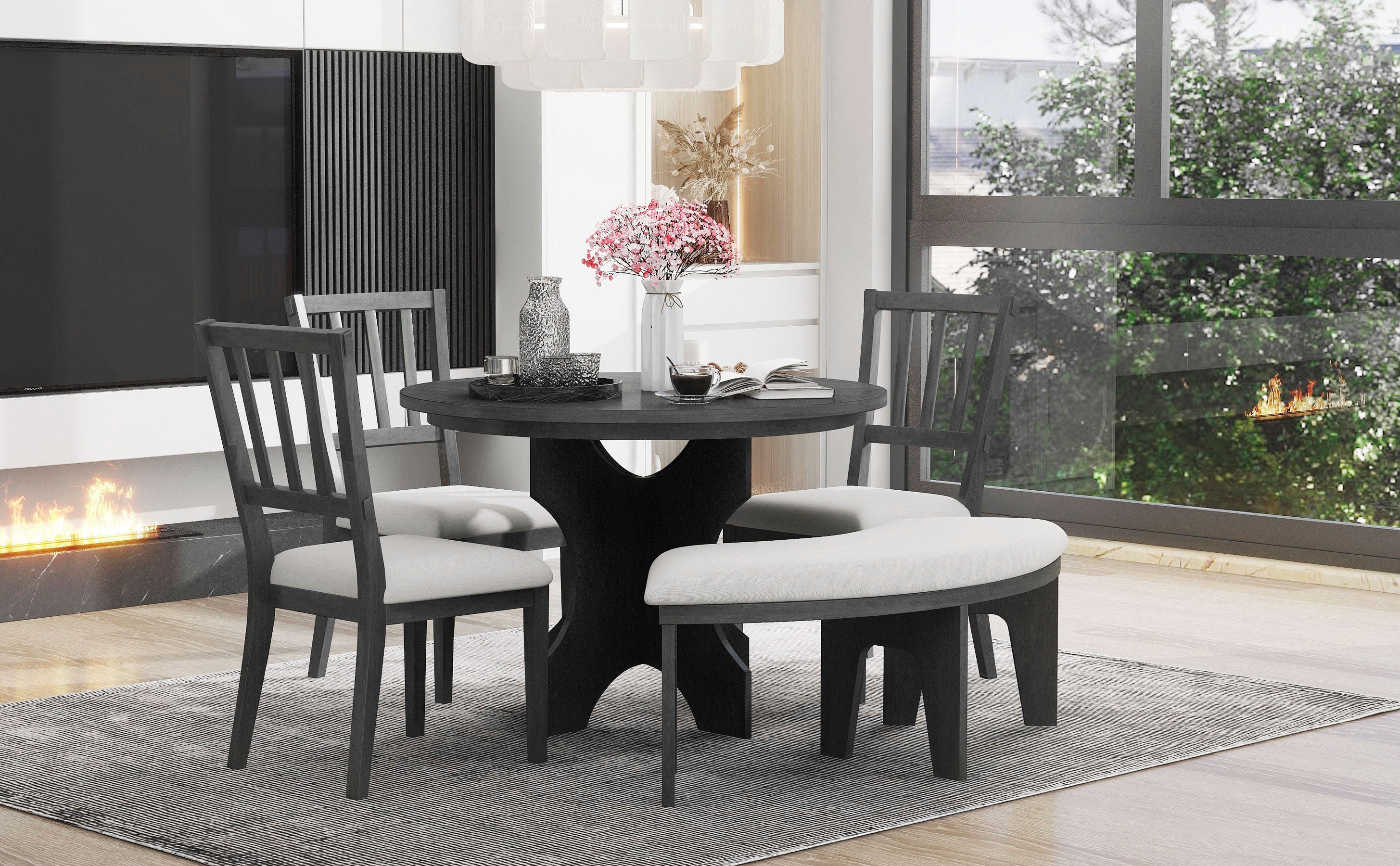 TREXM 5-piece Rustic Charm Round Dining Set with 3 Upholstered Chairs and Curved Bench for Dining Room, Kitchen and Living Room (Gray)