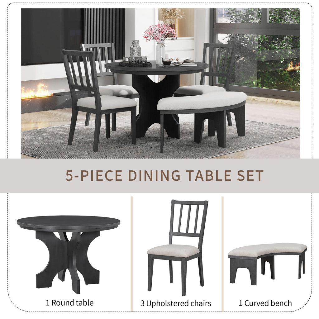 TREXM 5-piece Rustic Charm Round Dining Set with 3 Upholstered Chairs and Curved Bench for Dining Room, Kitchen and Living Room (Gray)