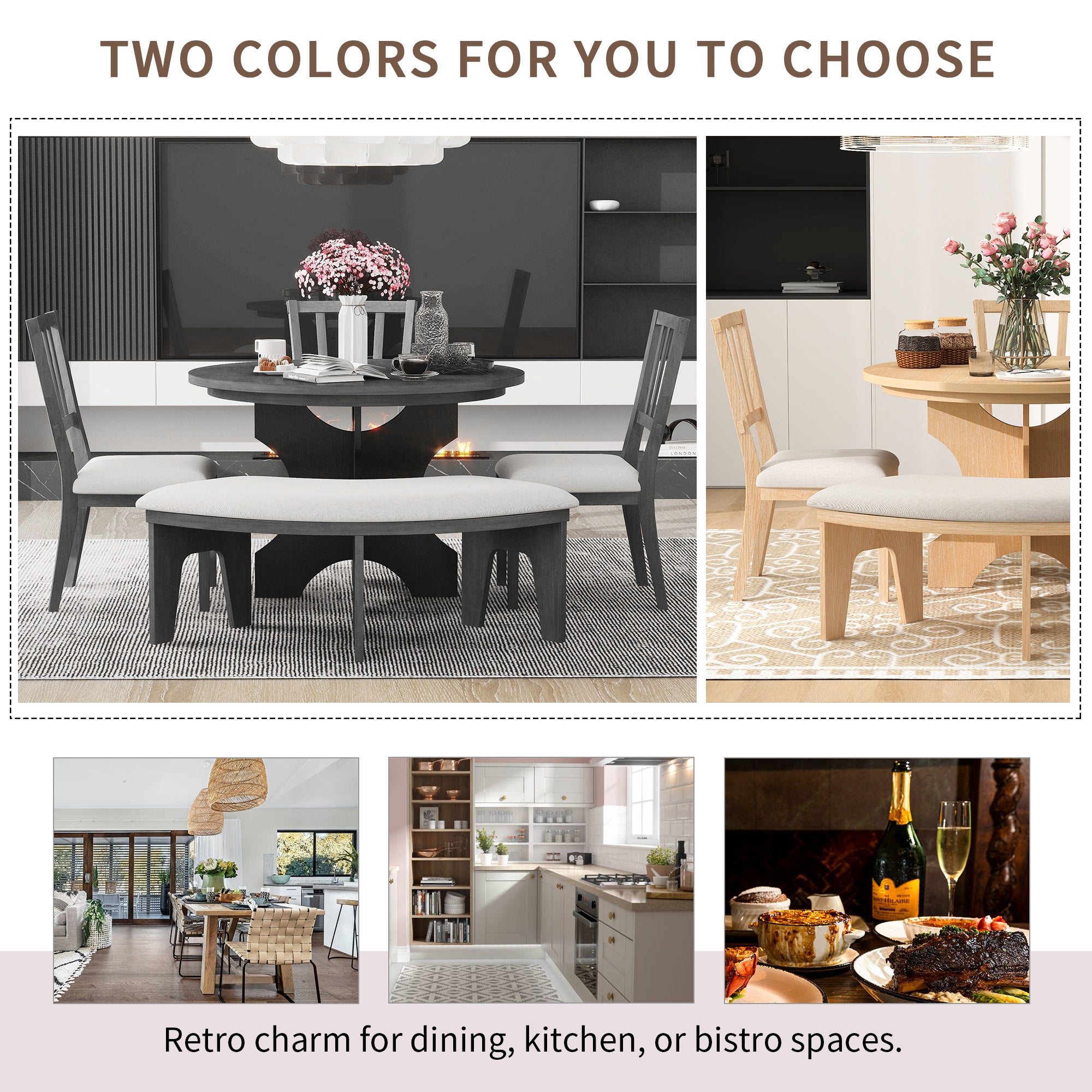 TREXM 5-piece Rustic Charm Round Dining Set with 3 Upholstered Chairs and Curved Bench for Dining Room, Kitchen and Living Room (Gray)