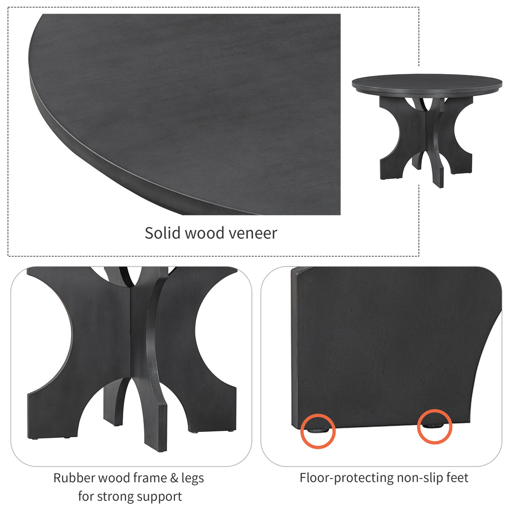 TREXM 5-piece Rustic Charm Round Dining Set with 3 Upholstered Chairs and Curved Bench for Dining Room, Kitchen and Living Room (Gray)