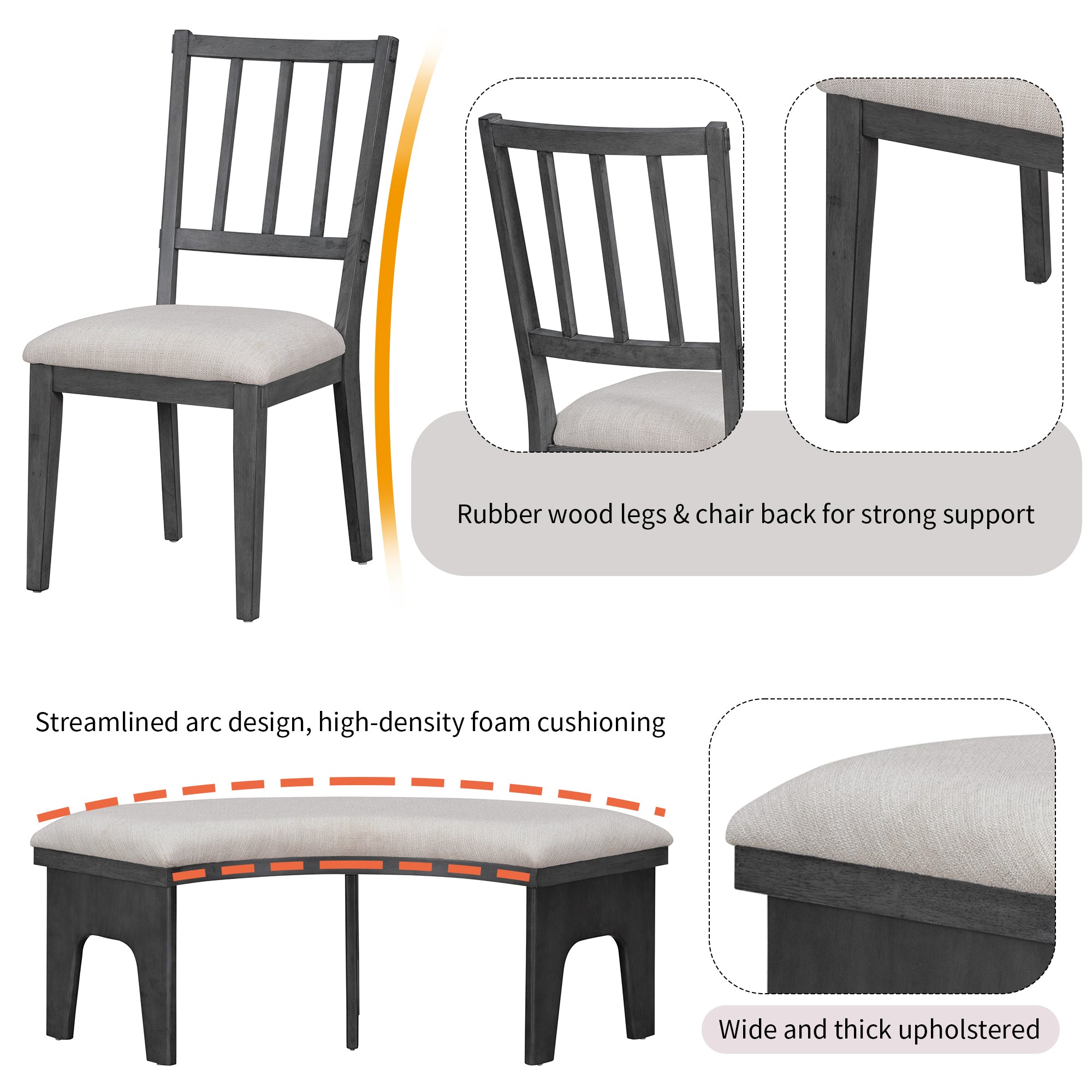 TREXM 5-piece Rustic Charm Round Dining Set with 3 Upholstered Chairs and Curved Bench for Dining Room, Kitchen and Living Room (Gray)