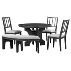 TREXM 5-piece Rustic Charm Round Dining Set with 3 Upholstered Chairs and Curved Bench for Dining Room, Kitchen and Living Room (Gray)