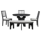 TREXM 5-piece Rustic Charm Round Dining Set with 3 Upholstered Chairs and Curved Bench for Dining Room, Kitchen and Living Room (Gray)