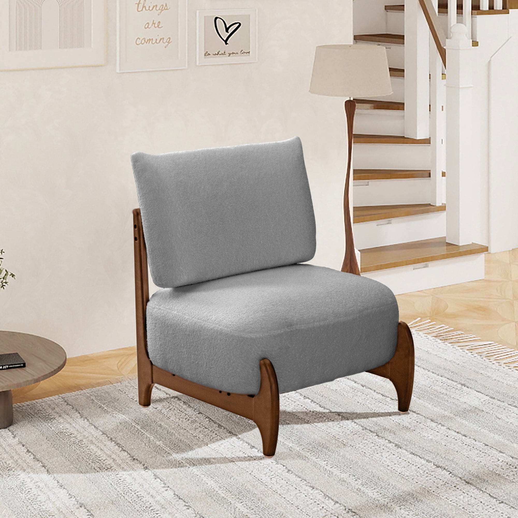 Solid wood leisure chair with modern and simple design, equipped with soft seat and backrest, suitable for use in living room or bedroom (Gray)