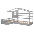 Wood House Bed Twin Size, 2 Twin Solid Bed L structure with fence and slatted frame, Gray