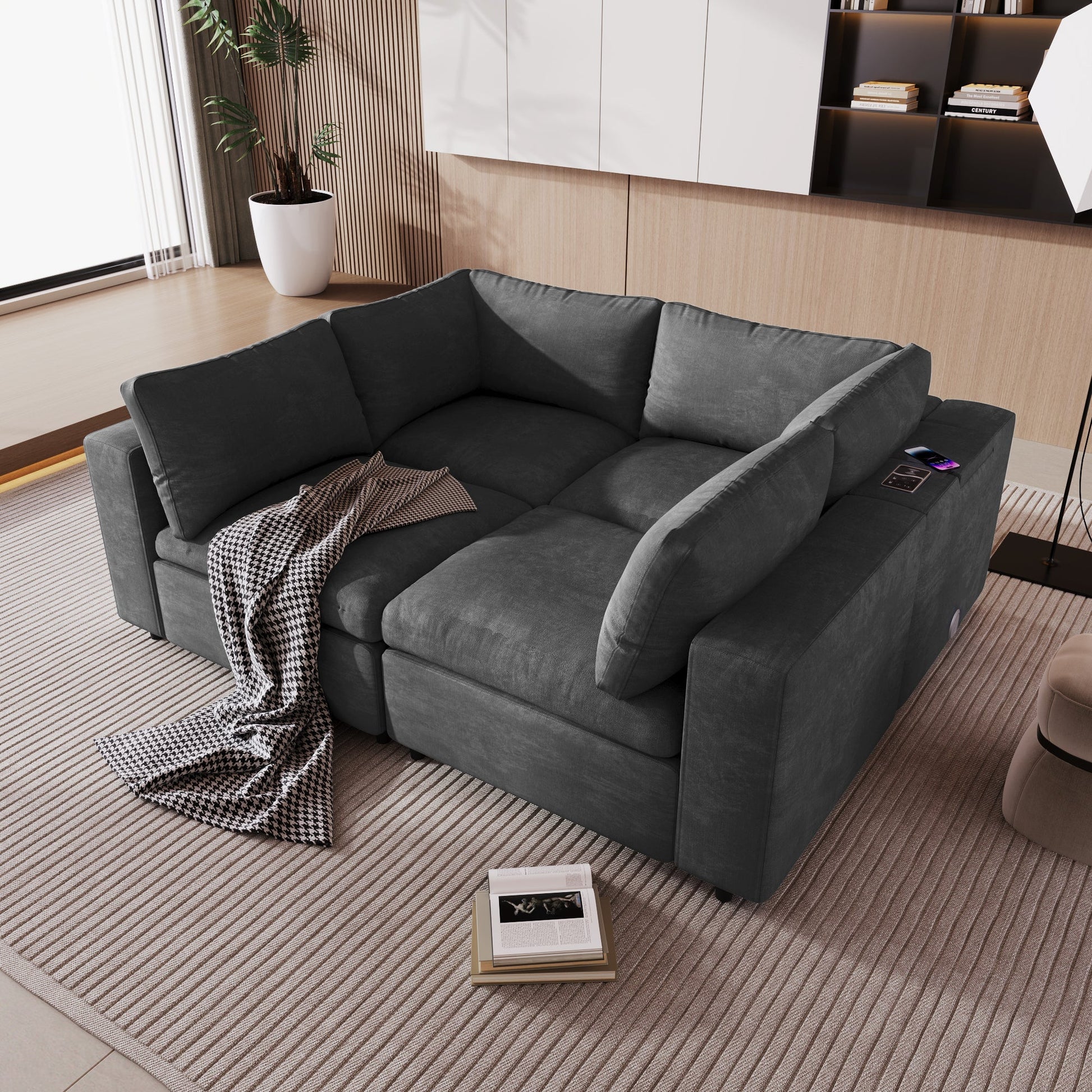 U-style Upholstered Modular Sofa with with Storage Space, USB Charge Ports,Wireless Charging and Built-in Bluetooth Speaker in Arm,Sectional sofa for Living Room Apartment.[old sku:WY000317AAE]