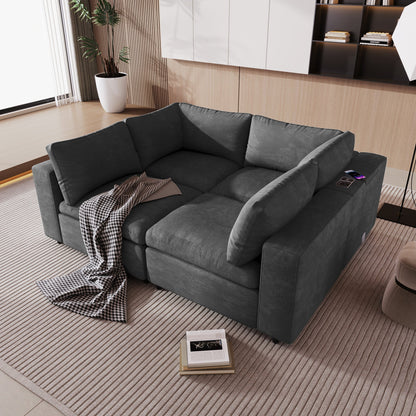 U-style Upholstered Modular Sofa with with Storage Space, USB Charge Ports,Wireless Charging and Built-in Bluetooth Speaker in Arm,Sectional sofa for Living Room Apartment.[old sku:WY000317AAE]