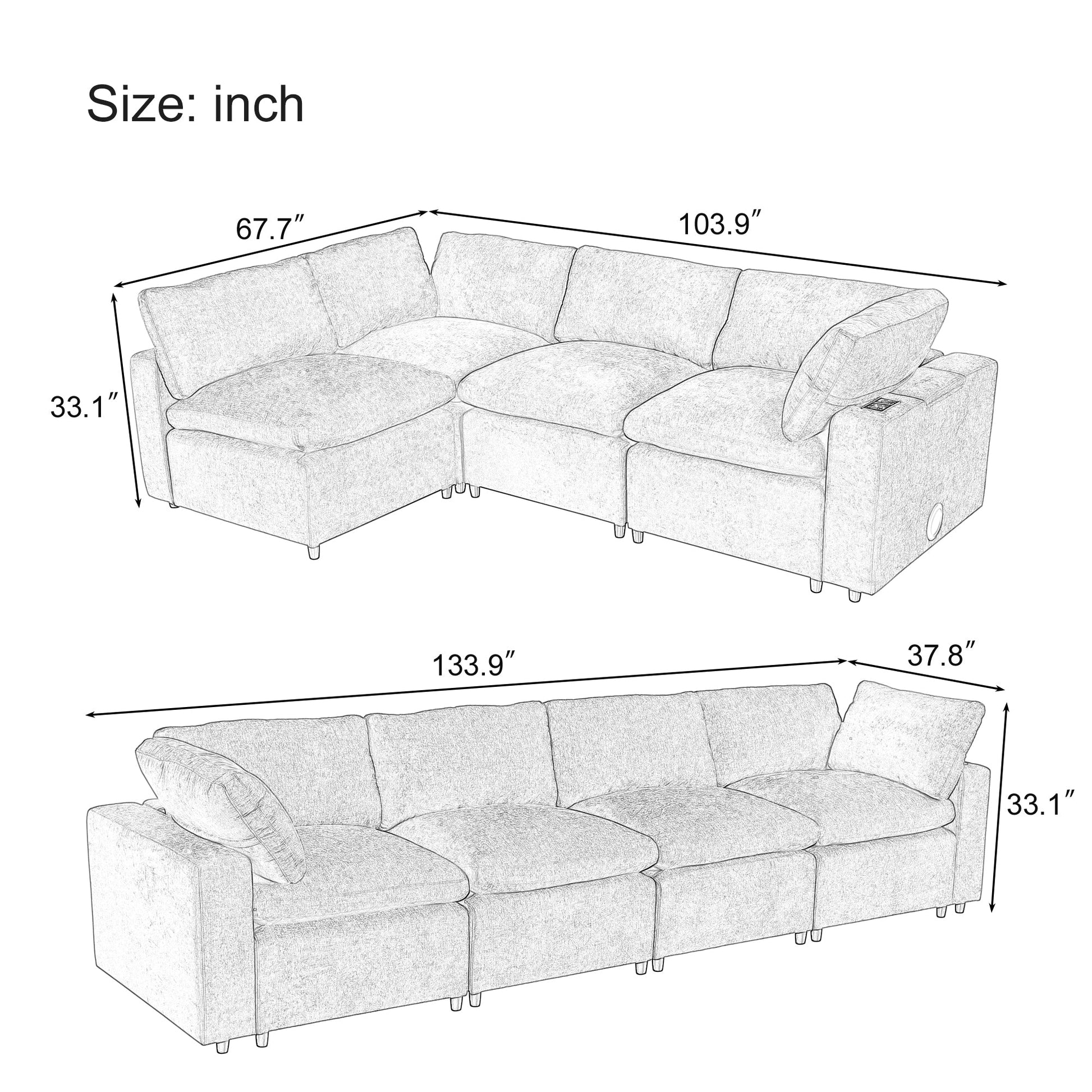 U-style Upholstered Modular Sofa with with Storage Space, USB Charge Ports,Wireless Charging and Built-in Bluetooth Speaker in Arm,Sectional sofa for Living Room Apartment.[old sku:WY000317AAE]